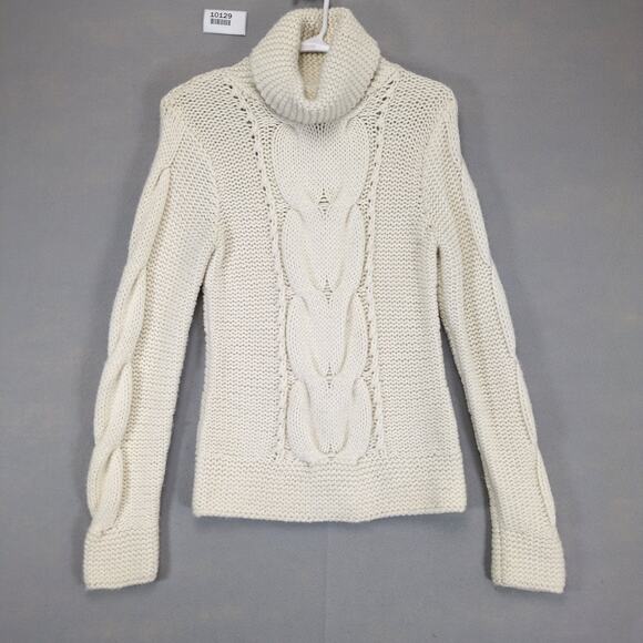 Eddie Bauer Women's S Ivory Cable Hand Knit Wool Turtleneck Fisherman Sweater - Picture 1 of 6